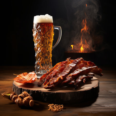 a photo of four slices of bacon, two glasses of beer, nuts, oranges, and twigs arranged on a board. the flamboyant and smokey background adds a touch of style to the image. the traditional craftsmanship is evident in the precision of the arrangement. the backlight enhances the overall aesthetic, reminiscent of larme kei and hispanicore styles. ai generatedの素材