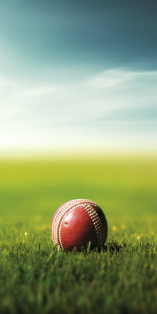 a ball sits on lush green grass, framed by a vibrant blue sky. the photo captures the essence of light maroon and emerald hues, with a touch of vignetting. inspired by the artistic style of manjit bawa, it exudes a soft focus romanticism. vintage imagery and a unique page design add to its allure, featuring shades of light yellow and green. ai generatedの素材
