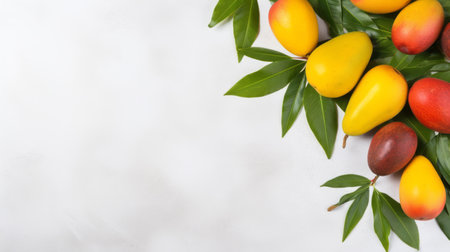 mangos with leaves hanging together on a gray ground in a minimalist palette. the smooth lines and vibrant yellow and amber colors create a scattered composition. this stock photo is inspired by advertisements and features bright color blocks and linear delicacy. ai generatedの素材