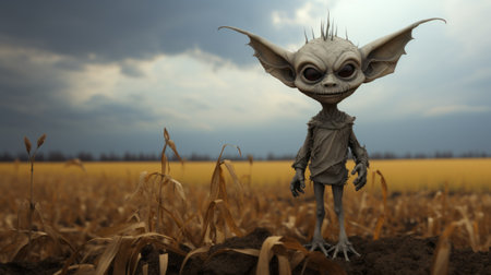 a cute creature, resembling a goblin, stands in a field surrounded by mysterious backdrops. this hyper-realistic sci-fi style artwork combines eerie symbolism with iconic pop culture caricatures. the sculpture is a creative commons attribution, showcasing the artist's unique take on goblin academia. ai generatedの素材