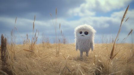 a white creepy creature, rendered in cinema4d, stands in a grassy field. this cute and quirky furry art piece exudes a cinematic mood. with its iconic and charming character, the creature adds a touch of whimsy to the scene. ai generatedの素材