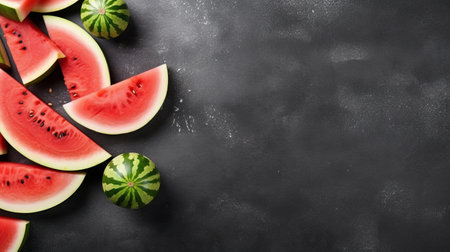 four slices of watermelon are arranged on a black background, showcasing a unique blend of chalk-like textures and industrial materials. the composition exudes a geometric and irregular shape, reminiscent of the american barbizon school. the contrast between the vibrant watermelon slices and the polished concrete backdrop creates a visually striking and spectacular scene. ai generatedの素材