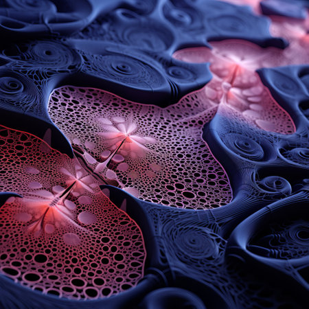 a stunning 3d image showcasing a highly intricate blue floral structure with colorful biomorphic forms. the image features a combination of light red and dark purple hues, resembling cellular formations. the technique of focus stacking highlights the detailed mechanized forms, while the densely textured or haptic surface adds depth. the image also draws inspiration from human anatomy. ai generatedの素材