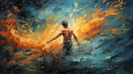 an oil painting of a man engulfed in fiery flames, capturing the essence of naturalistic ocean waves. the artwork showcases a vibrant color splash with contrasting shades of dark turquoise and light orange. the trapped emotions are vividly depicted, while the graceful strokes of the palette knives create a sense of movement. this speedpainting exhibits a heavy and expressive use of the medium. ai generatedの素材