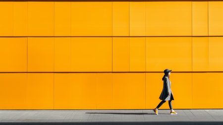 a woman walks in front of an orange wall, captured with the sigma 105mm f1.4 dg hsm art lens. the image showcases minimalistic compositions and vibrant urban scenes. with abstract non-representational shapes, this uhd image is available under creative commons attribution. ai generatedの素材