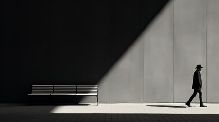 a person walking past a bench, with shadows falling in a futuristic minimalist style. the dramatic use of lighting creates a captivating atmosphere, reminiscent of minimalist still lifes and schlieren photography. the polished concrete bench is bathed in sunrays, adding a touch of warmth to this captivating minimalist still life. ai generatedの素材