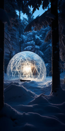 an inflatable dome stands amidst a snowy landscape, offering a luxurious retreat. inspired by vray tracing and mikko lagerstedt's photography, the image captures the beauty of tangled nests and clear colors. the atmospheric and moody lighting creates a mesmerizing ambiance, while the transparent and translucent medium adds a touch of elegance. ai generatedの素材