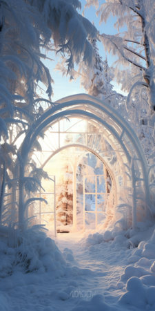 a wooden arch stands amidst a winter wonderland, surrounded by trees blanketed in snow and ice. this stunning image, created using cinema4d, captures the essence of rococo interiors. the backlight adds a touch of ethereal beauty to the scene. with its intricate details and delicate flower and garden paintings, this site-specific work immerses viewers in a translucent world of enchantment. ai generatedの素材