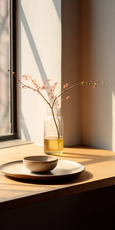 a pair of glasses sits gracefully in front of a window, embodying the essence of minimalistic japanese aesthetics. this softly organic still-life showcases delicate hues of light pink and amber, evoking an asian-inspired ambiance. the light-filled composition captures the essence of japanese-inspired simplicity and elegance. ai generatedの素材