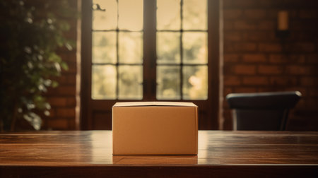 a paper box sits on a wooden floor, positioned in front of a glass window. the image is captured in the tilt-shift style, showcasing a dark amber and beige color palette. shot with fujifilm pro 800z, this uhd image has been reimagined by industrial light and magic, resulting in a precisionist composition that exudes a sense of solidity and structure. ai generatedの素材