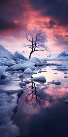 a photo by arne mr, image 1058499, captures a mesmerizing scene reminiscent of max rive's style. the composition showcases a blend of light pink and light azure hues, with snow-covered landscapes and reflex reflections. twisted branches add an intriguing element to the romanticized seascapes, while hints of light red and violet enhance the overall ambiance. ai generatedの素材