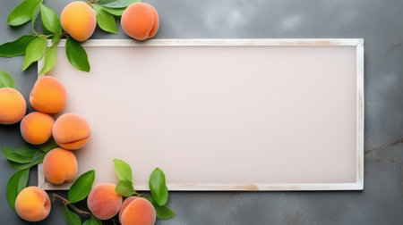a photo of a peach placed on a black wooden background. the frame captures the essence of farm security administration aesthetics with its light gray and gray tones. the vibrant stage backdrops and lo-fi aesthetics add to the overall appeal. the scattered composition of aluminum, light pink, and gray elements creates an intriguing visual. ai generatedの素材