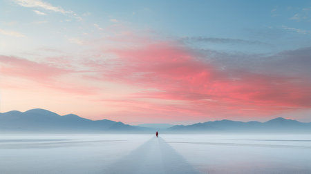 a single red walker stands out in a vast blue field, surrounded by surreal peaks and an endless ocean. this ethereal minimalist composition showcases vibrant colors in light pink and light orange hues. the 8k resolution captures every detail, while a mist adds a touch of mystery. the grid-based design enhances the overall visual impact of this breathtaking scene. ai generatedの素材