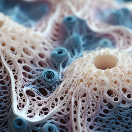 3d printed origami with filaments and small squares, created by robert, showcases a captivating blend of light pink and dark azure colors. the organic formations of this artwork, captured through macro photography, exude a biomorphic abstraction reminiscent of naturalistic ocean waves. the light cyan and beige hues further enhance the visual appeal, while the intricate design hints at elements of data visualization. ai generatedの素材