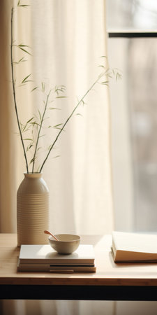 open flower plant in a ceramic vase on a wooden table, showcasing muted colorscape mastery and oriental minimalism. the composition exudes a soothing ambiance with its beige tones. the high-resolution image captures the intricate details of the arrangement, reminiscent of the works of artists like sopheap pich and rinko kawauchi. the selective focus adds depth and visual interest to the photograph. ai generatedの素材