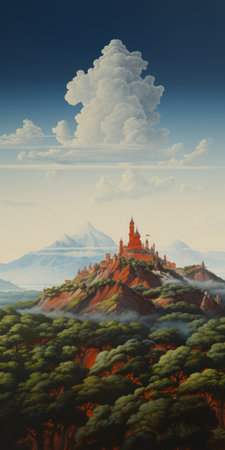 a castle stands proudly on a hill, surrounded by a breathtaking landscape. the artwork showcases a fusion of metropolis and nature, with vibrant shades of light red and emerald. the painting captures the essence of richly detailed genre paintings, reminiscent of precisionist art. the highly detailed environments and colorful moebius-inspired elements add a touch of biedermeier charm to this captivating scene. ai generatedの素材