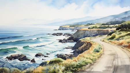 a watercolor painting of a road on a coast, capturing the precisionist lines and shapes. the wide-angle lens perspective adds depth to the scene, showcasing the serene and tranquil atmosphere. the monumental vistas and sculpted details create an environmental portrait that beautifully portrays the coastal landscape. ai generatedの素材