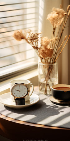 a cup of coffee, in the style of clockpunk, is placed on a table near a window. the scene exudes a simple and elegant aesthetic, blending masculine and feminine elements. the light gold and amber tones add a touch of timeless grace. this composition captures a rationalist chic ambiance reminiscent of james tissot's art. ai generatedの素材