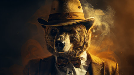 the bear in the hat is wearing a stylish hat on its head. this detailed atmospheric portrait showcases golden hues and a digitally manipulated image. the smokey background adds to the overall aesthetic. captured with a canon eos 5d mark iv, this image also features a stylish costume design. rendered in cinema4d, it creates a visually captivating composition. ai generatedの素材