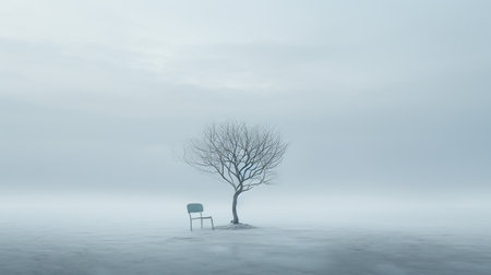 a brown tree with a chair nestled within, showcasing minimalistic surrealism. the photo, in light blue and gray tones, captures a dark and moody landscape. with an ethereal and otherworldly atmosphere, the 8k resolution image exudes a cold and detached ambiance. the matte finish enhances the surreal and dreamlike quality of the scene. ai generatedの素材