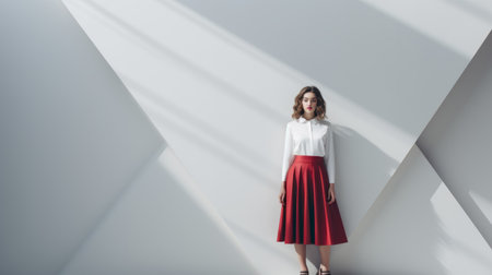 a woman wearing a vibrant red skirt stands gracefully amidst a backdrop of pristine white squares, exuding an air of minimalist elegance. this ultra-high-definition image captures the artistic styles of andrew hem, maximilian pirner, and andrzej sykut, with a play of light and shadow in the contrasting shades of white and dark crimson. the composition evokes a sense of delicate porcelain-like beauty. ai generatedの素材
