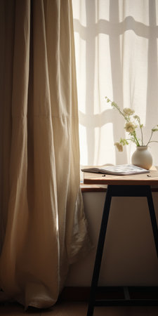 a large tan curtain, reminiscent of dreamy and romantic compositions, is being hung from the window. this study place, captured in tabletop photography, showcases subtle tonal contrasts and embodies the essence of bloomcore. sunrays delicately shine upon the curtain, adding a touch of magic to the otherwise mundane materials. ai generatedの素材