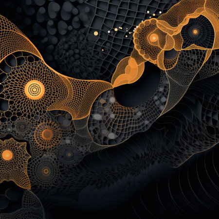 abstract orange and black artwork on a grey background, inspired by detailed science fiction illustrations. this piece combines elements of infinity nets, dark indigo, and gold, resulting in intricate psychedelic landscapes. the graphical precision and curvilinear forms create a visually captivating composition. ai generatedの素材