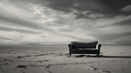 a chair sits alone in the vast desert landscape, surrounded by billowing clouds in the monochrome sky. this captivating photo captures the essence of emotional sensitivity and contemporary fact versus fiction. inspired by the works of anton semenov and peter basch, it evokes a sense of romantic idealism and emotivity. ai generatedの素材