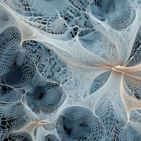an intricate image showcasing a netting object with fractal patterns in dark white and light azure. the textured organic forms create a mesmerizing visual, enhanced by focus stacking. the colorful biomorphic forms and highly detailed figures add depth and complexity to the overall composition. ai generatedの素材