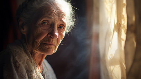 elderly woman in a bad mood gazes through a window, captured using vray tracing, goosepunk, and photobashing techniques. the photo showcases a photo-realistic style with a mesmerizing backlight, creating a serene atmosphere. discover this captivating image on flickr, featuring the woman's expressive face. ai generatedの素材