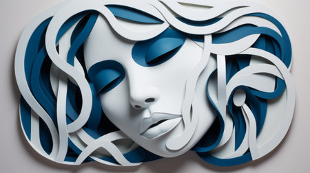 a close-up photo of a paper cut sculpture by artist jeffrey dumas. the sculpture depicts a woman wearing a ritualistic mask in the style of white and azure. the artwork showcases intense details and features art nouveau-inspired organic flowing lines. the composition is bold, with dark azure and white colors creating photorealistic compositions. ai generatedの素材