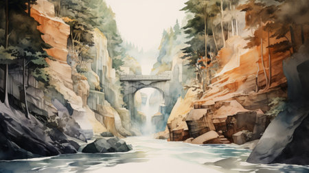 a stunning canyon waterfall cascades gracefully above the river, captured in the style of delicate watercolor landscapes. the artwork showcases varying perspectives, environmental portraiture, and precise, detailed architecture paintings. with a touch of misty gothic atmosphere, this piece draws inspiration from the works of edogawa ranpo, resulting in detailed compositions that captivate the viewer. ai generatedの素材