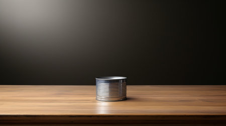 a silver tin can sits on a wooden table, contrasting against a dark background. this minimalist abstract photo captures the essence of perspective rendering and minimalist still lifes. with a touch of sharp and clever humor, it appeals to abstract minimalism appreciators. the image also hints at minimalistic landscapes and creates a humorous tableau. ai generatedの素材