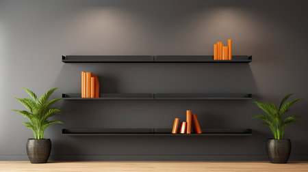 three bookshelves stand against a white wall, showcasing a sleek metallic finish in dark gray and orange. in the center, a potted plant adds a touch of greenery. the illustration features a black background with electric color schemes, moody color schemes, and dark themes. the loose paint application adds an artistic touch to the overall design. ai generatedの素材