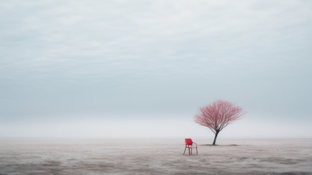 a single tree stands alone in an empty field, reminiscent of gabriel isak's style. the image captures the contrast between light crimson and aquamarine hues. yanjun cheng's influence is evident in the depiction of everyday life. scarlett hooft graafland's soft-focus technique adds a dreamlike quality to the 8k resolution photograph. ai generatedの素材