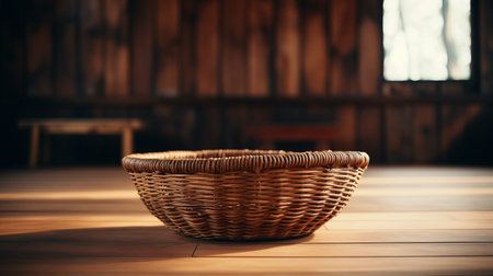 wicker basket on wooden floor stock photo featuring a folk-inspired, rounded design. this high-quality, uhd image showcases the uncanny valley realism style, reminiscent of the unreal engine 5. download this captivating photo to add a touch of rustic charm to your projects. ai generatedの素材