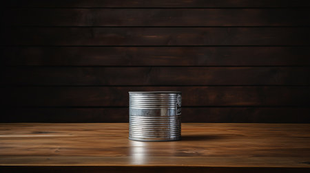 a tin can sits on a wooden table, showcasing a simple and elegant composition. the image features a multilayered texture and a metallic rotation, embodying an industrial minimalism aesthetic. the tondo format and grand manner style add a touch of sophistication. horizontal stripes complete the visual appeal of this captivating photograph. ai generatedの素材