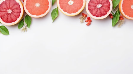 a vibrant assortment of sliced grapefruit, papaya, pineapple, and other citrus fruits arranged on a clean white background. this minimalist composition showcases the natural beauty of the fruits, with a touch of light pink and red hues. the captivating floral still life and innovative page design make it a visually appealing choice. the decorative borders and nature-inspired composition add an artistic touch to this minimalistの素材