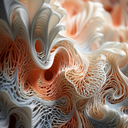 a digital art image by daniel perez featuring paper sculptures with flowing textures. the artwork showcases a combination of light white and orange tones, with a focus stacking technique that enhances the rococo pastel aesthetic. the image also includes blurry details, fractal patterns, and draws inspiration from the works of franciszek starowieyski. ai generatedの素材