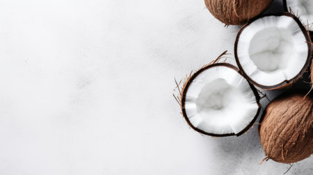 two sliced coconuts, in the style of weathercore and stark minimalism, are placed on a grey background. the composition features back button focus, whitewashed narratives, kimoicore elements, faceted shapes, and a combination of light white and light maroon colors. ai generatedの素材