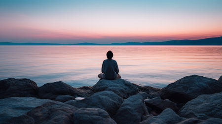 a woman sits on rocks, gazing at the horizon by the sea. the photo captures a serene moment with its light pink and dark blue color palette. the calm waters and meditative color contrasts evoke a sense of tranquility. influenced by zen buddhism and manapunk, the image showcases the deep connection between humans and nature, portrayed through the dark teal and orange tones. ai generatedの素材