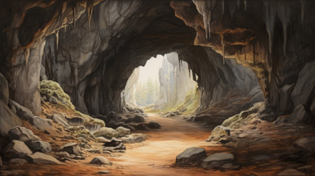 cave art illustration in a dark tunnel, featuring ink-wash landscape style. realistic landscapes with soft, tonal colors and arched doorways create a sense of depth. the plein-air realism captures the essence of the scene. this miniature and small-scale painting showcases hyperrealistic details, resembling gemstones. ai generatedの素材