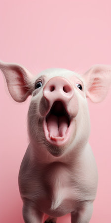 a playful and expressive pig captured in a photo-realistic style, set against a vibrant pink background. this contrast-focused image showcases the spirited movement and expressive face of the pig, with post-processing techniques adding a touch of kimoicore charm. ai generatedの素材