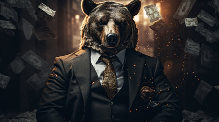 a bear illustration in business style, inspired by mitch griffiths, is depicted in this high-definition wallpaper. the artwork showcases a money-themed design with dark gold and silver tones. the use of a sabattier filter adds a unique touch to the image. captured with a panasonic lumix s pro 50mm f/1.4 lens, this illustration perfectly captures the essence of city portraits. ai generatedの素材