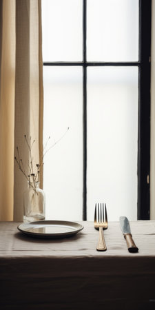 a minimalistic japanese-inspired plate with silverware and flowers is placed in front of a window. this unique composition, reimagined by industrial light and magic, combines light black and light beige tones. the image, captured by gabriele viertel, showcases the beauty of mundane materials. experience the stunning details of this uhd image, reminiscent of the artistic style of kinuko y. craft. ai generatedの素材