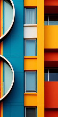 the colorful building showcases a vibrant display of various colored arcs, reminiscent of bold geometric abstractions. the design elements feature striking graphic elements and bold patterns, inspired by the artistic styles of ed freeman and john wilhelm. this close-up photograph captures the intricate details and bold typography of the building, providing a visually captivating and high-definition image. ai generatedの素材