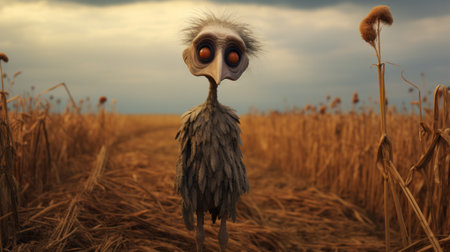 a scary goose stands menacingly in front of a field of dry wheat. rendered in cinema4d, this inventive character design features a wandering eye and is made entirely of insects. with a poodlepunk aesthetic, the raw and emotional imagery showcases charming characters. ai generatedの素材
