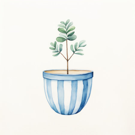 a cute watercolor drawing featuring blue and white stripes. this artwork showcases a style inspired by symbolic nature, minimalistic compositions, quirky pottery, detailed foliage, living materials, illustration, and soft atmospheric perspective. ai generatedの素材