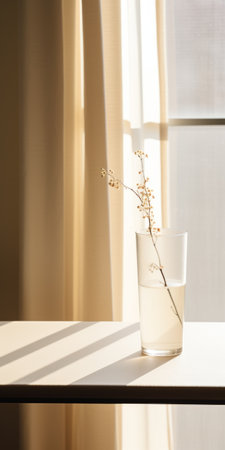a wooden table adorned with a white vase, showcasing the artistic style of miki asai. the composition exudes a delicate minimalism, with light gold and beige tones reminiscent of saul leiter's work. the translucent colors create a festive atmosphere, while the simple and elegant style adds a touch of sophistication. ai generatedの素材