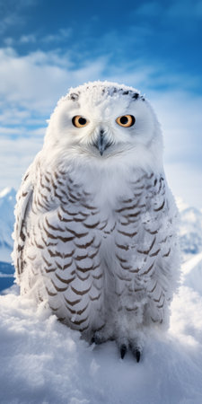 a snowy owl perched on the snow, with snowy hills in the background. this close-up photograph captures the essence of mike campau's style, showcasing stephen shortridge's environmental portraiture techniques. the high detail and eye-catching composition resemble the work of anne mccaffrey. ai generatedの素材